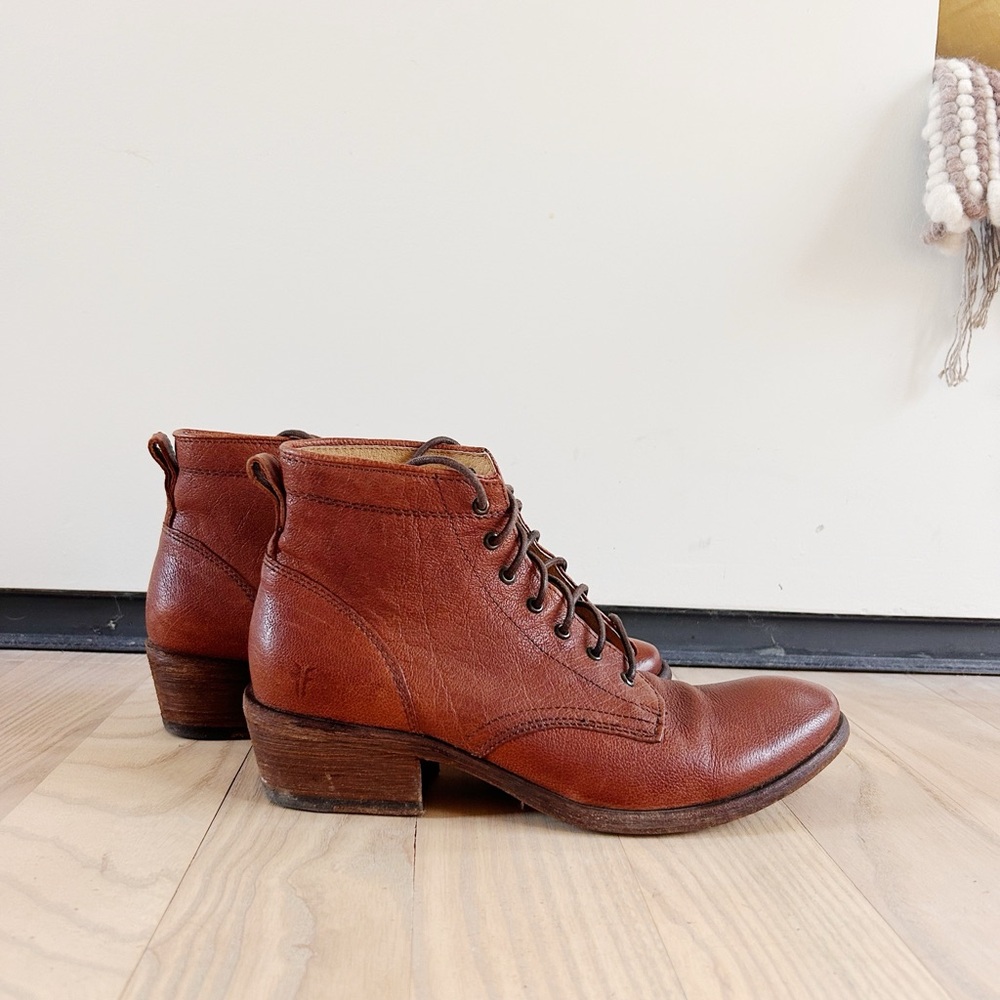 Frye Carson Lace Up Brown Leather Ankle Boots